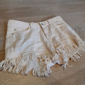 Mango light pink denim beach shorts | fringe hem